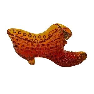 Vintage Amber Hobnail Pattern Victorian Style Glass Shoe Slipper W/ Sleeping Cat